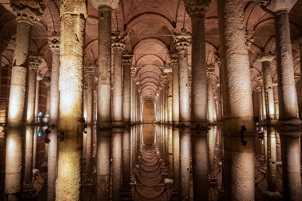 Basilica Cistern interior with rows of ancient columns and water reflections