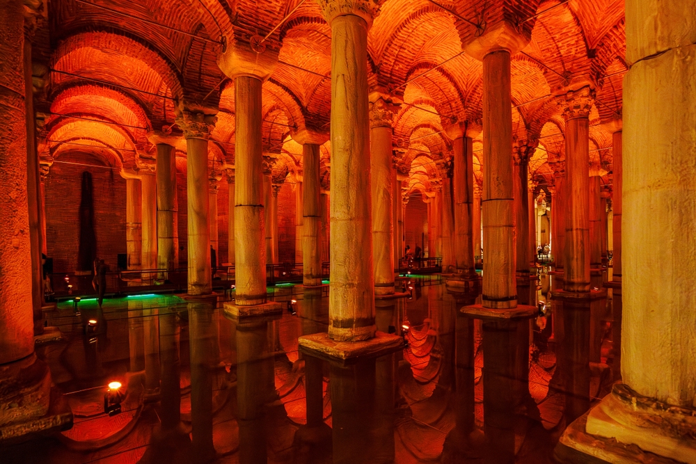Light design and atmospheric interior inside the Basilica Cistern in Istanbul