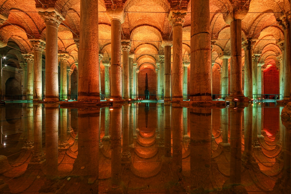 Ancient Corinthian and Doric column capitals inside the Basilica Cistern in Istanbul
