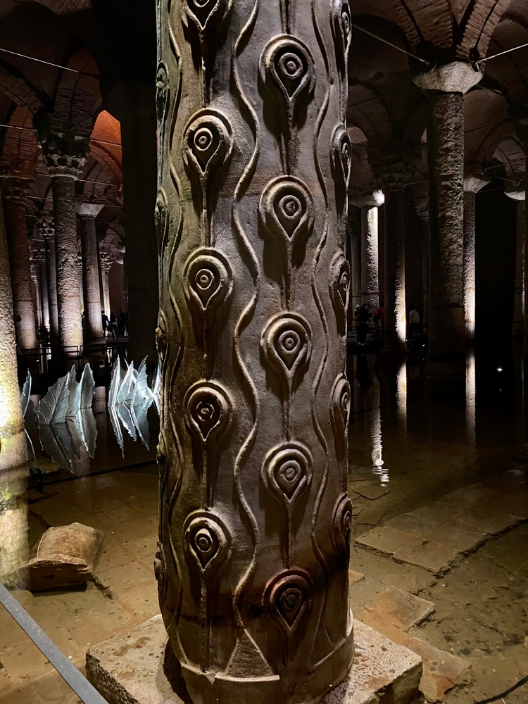 The Hen's Eye column with delicate teardrop patterns in the Basilica Cistern, Istanbul.