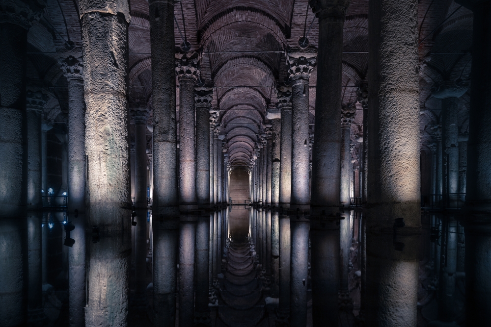 Modern art installation and lighting inside the Basilica Cistern in Istanbul