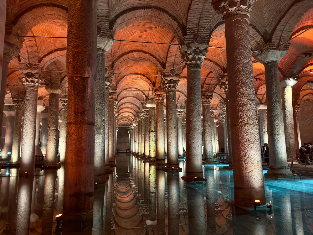 Water reflections of columns inside the Basilica Cistern in Istanbul